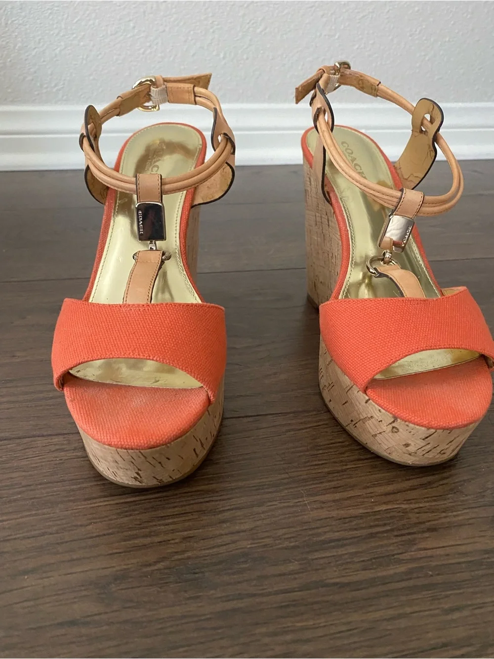 Coach Orange Canvas Cork Wedge Sandals with Tan Leather Straps